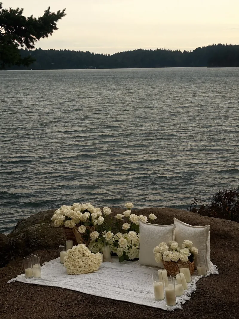 Antrag am See mit weissen Rosen und Kerzen